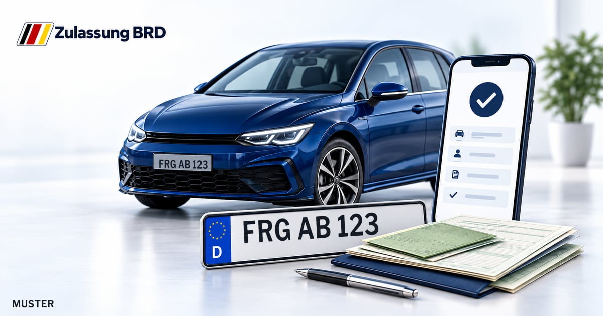 Online Fahrzeugzulassung in Landkreis Freyung-Grafenau: Musterkennzeichen FRG AB 123, Auto und Fahrzeugpapiere und Smartphone. Illustration mit Logo von Zulassung BRD.